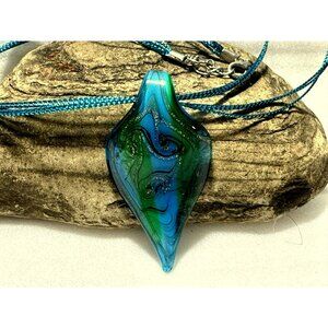 Turquoise Murano Teardrop Lampwork Glass Swirl Pendant Charm Necklace